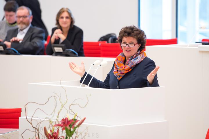 Landtagspräsidentin Britta Stark begrüßt zur Preisverleihung im Plenarsaal