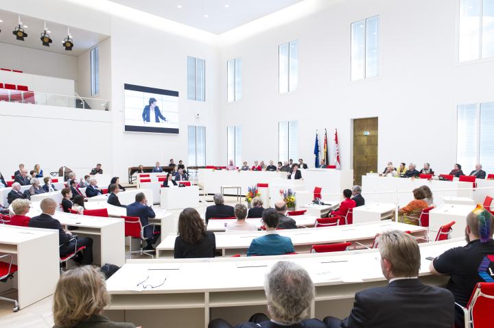 Blick in den Plenarsaal während der Laudation der Landtagspräsidentin Britta Stark.