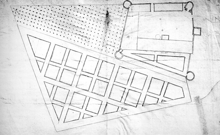 Grundriss der Burganlage nach dem Neubau des Schlosses durch die Kurfürstin Katharina 1598/99 mit den Mauern und Türmen aus der Mitte des 14. Jahrhunderts sowie dem Garten, vor 1660