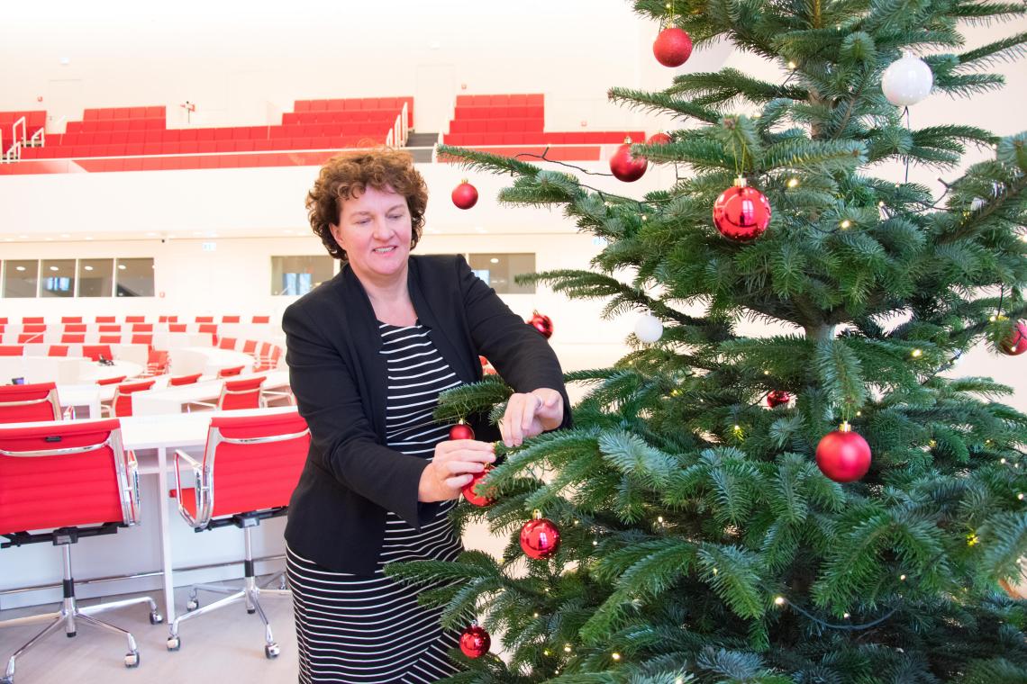 Landtagspräsidentin Britta Stark hängte die letzte rote Kugel an die Tanne im Plenarsaal.