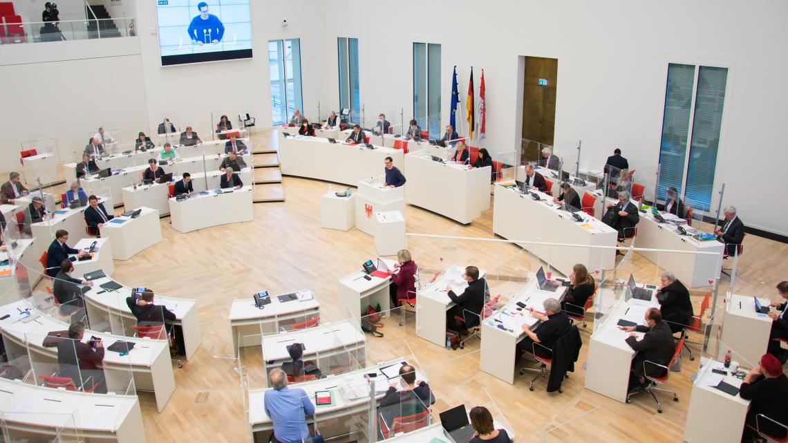 Blick in den Plenarsaal während der Aktuellen Stunde in der 34. Sitzung des Landtages Brandenburg am 28.01.2021.