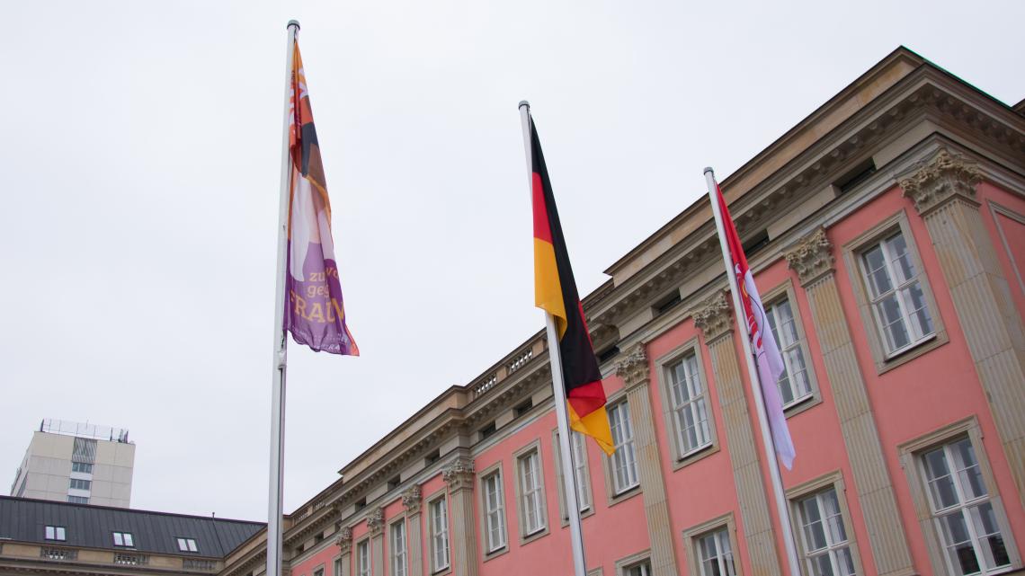 Mit dem Hissen der UN-Women-Flagge (links) setzt der Landtag ein Zeichen gegen Gewalt an Frauen 