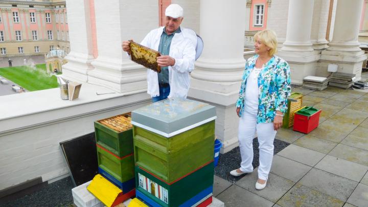 Imker Holger Ackermann und Landtagspräsidentin Prof. Dr. Ulrike Liedtke auf dem Fortunaportal des Landtages Brandenburg