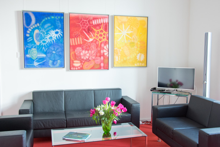 Malerei und Zeichnung auf Leinwand im Holzrahmen von Tina Flau (v. l. n. r.) „Meereslichtalgen blau“, „Meereslichtalgen rot“ und „Meereslichtalgen gelb“ im Büro der Landtagspräsidentin