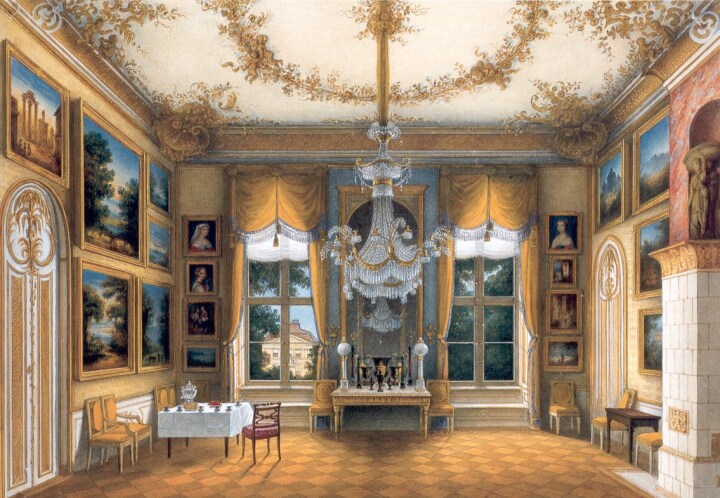 „Gelber Salon“ von Königin Luise im Stadtschloss Potsdam, Aquarell von Friedrich Wilhelm Kloss (Klose), um 1840
