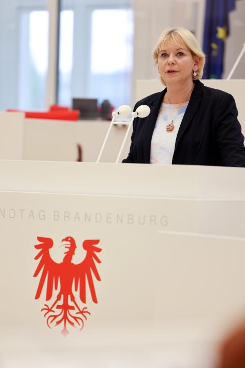 Landtagspräsidentin Prof. Dr. Ulrike Liedtke spricht ein Grußwort anlässlich des Europapolitischen Dialogs