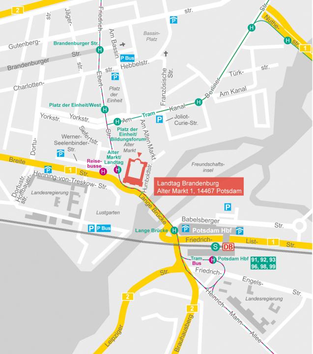 Ein Ausschnitt aus dem Potsdamer Stadtplan skizziert die Anfahrt zum Landtag.