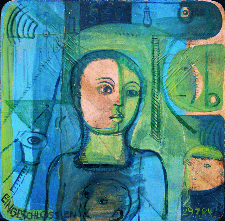 Annemirl Bauer: §99. Eingeschlossene (Bärbel Bohley), 1984, Öl auf Tischplatte / Holz, 60 x 60 cm, Nachlassarchiv