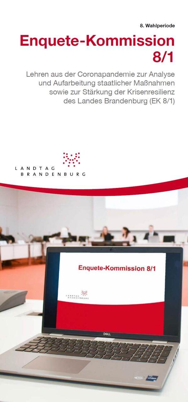 Deckblatt Flyer Enquete-Kommission 8/1 - Lehren aus der Coronapandemie zur Analyse und Aufarbeitung staatlicher Maßnahmen sowie zur Stärkung der Krisenresilienz des Landes Brandenburg