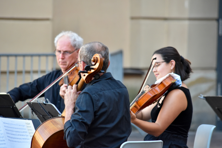 Thomas Kretschmer (Violine 2, l.), Jan-Peter Kuschel (Violoncello, m.) und Julia McLean (Viola 2, r.)