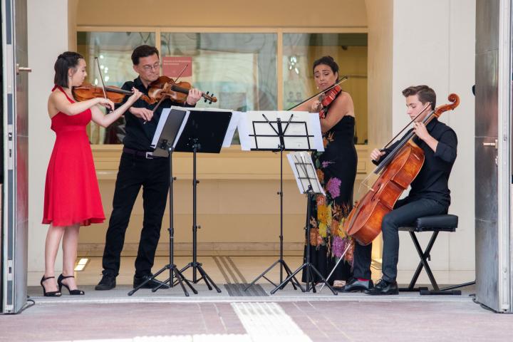 Die Musikerinnen Caterina Heise (1. v. l.), Jens Heise (2. v. l.), Elisabeth Glass (3. v. l.) und Constantin Heise (4. v. l.) mit ihrem Programm „Eine Uraufführung und lauter Variationen“