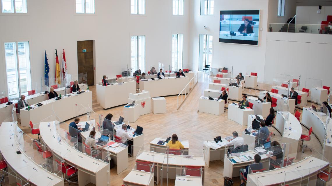 Blick in den Plenarsaal während sich die Beauftragte der Landesregierung für die Belange der Menschen mit Behinderungen, Janny Armbruster, vorstellt.