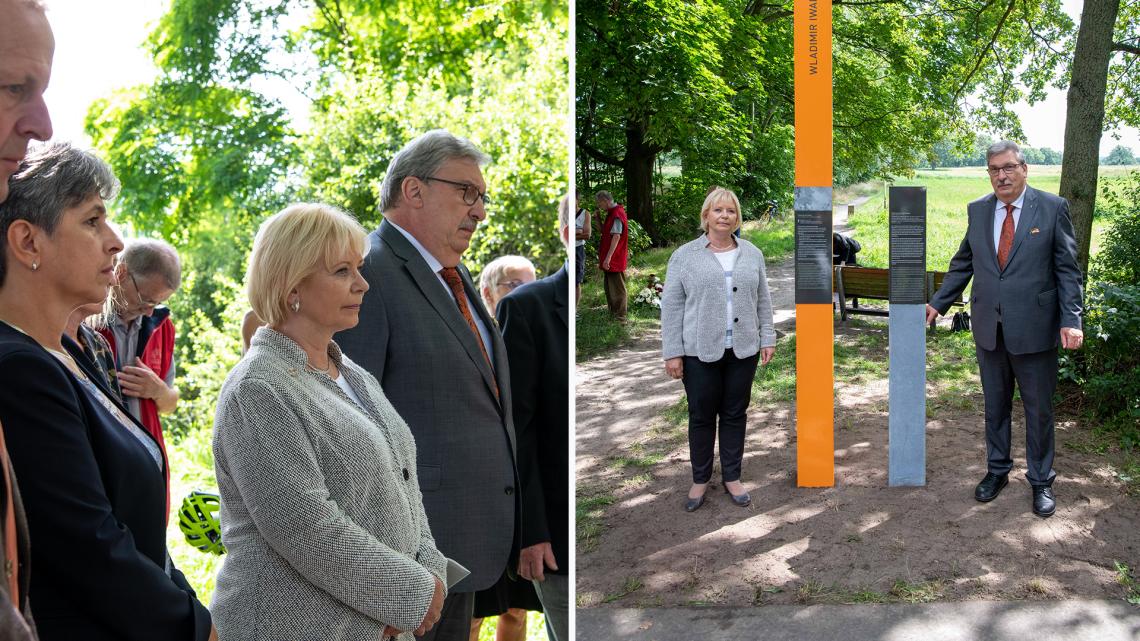 Landtagspräsidentin Prof. Dr. Ulrike Liedtke (l.) und der Präsident des Abgeordnetenhauses von Berlin Ralf Wieland (r.) haben zur Erinnerung an das Maueropfer Wladimir Iwanowitsch Odinzow eine neue Stele am Mauerweg enthüllt.