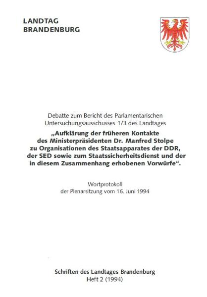 Heft 2/1994 – Debatte zum Bericht des Parlamentarischen Untersuchungsausschusses 1/3 des Landtages 