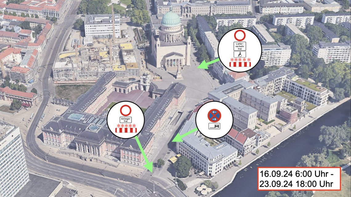 Luftbild des Landtages Brandenburg mit den umliegenden Gebäuden, Google Earth (2024).