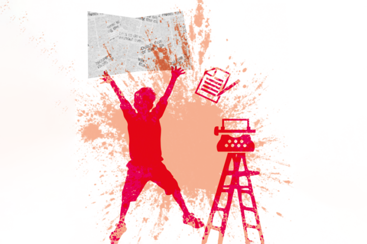 Illustration Deckblatt Flyer zum Schülerzeitungswettbewerb 2019/2020 - Mensch mit Zeitung