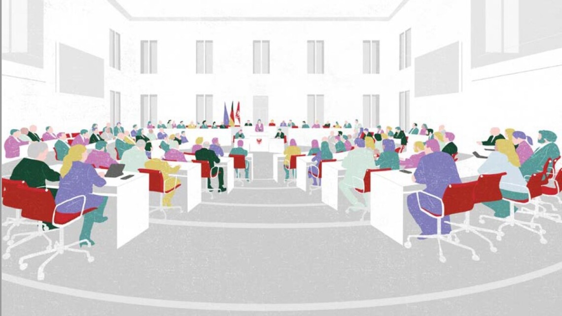 Illustration des Deckblattes der Broschüre „Der Landtag im Überblick“ zur 8. Wahlperiode