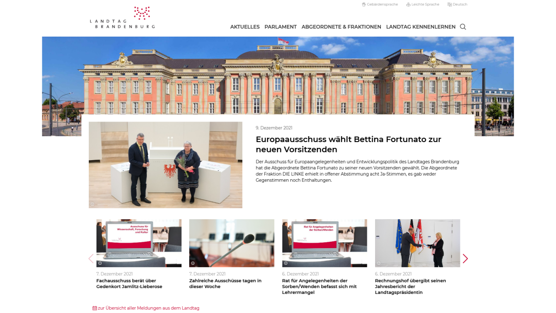 Screenshot der neuen Website des Landtages Brandenburg