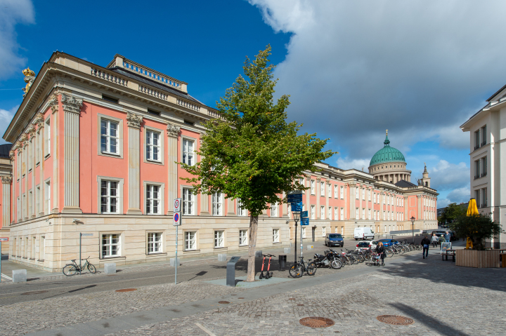 Humboldtstraße mit Bittschriftenlinde an der Ostseite des Landtagsgebäudes